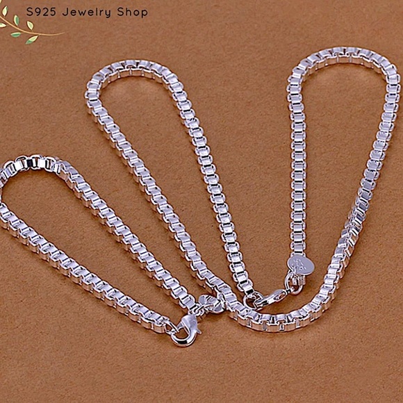 Sterling Silver Box Chain Link Necklace Bracelet Matching Set - Picture 1 of 6